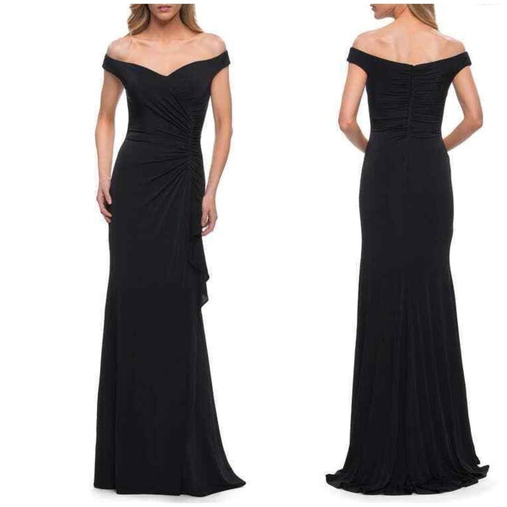 New La Femme Curve Off the Shoulder Jersey Ruched Long Dress Black Plus Size 22